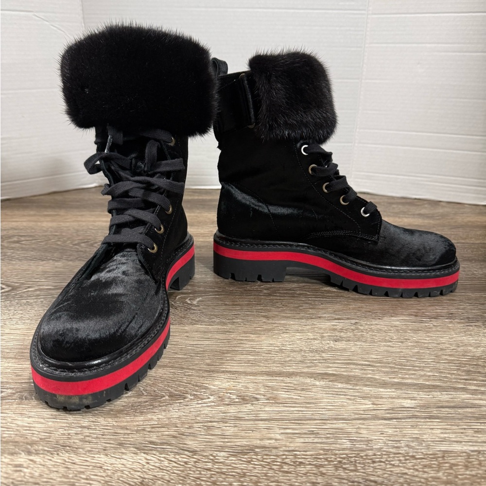 Combat Boots Womens Sz: 37 Black Velvet Fur Vibram Lug Sole Leather Insole US6.5